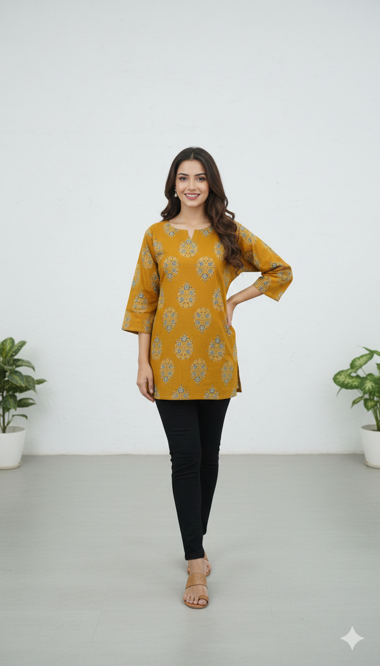 Mustard Gold Floral Block-Print Cotton Short Kurta