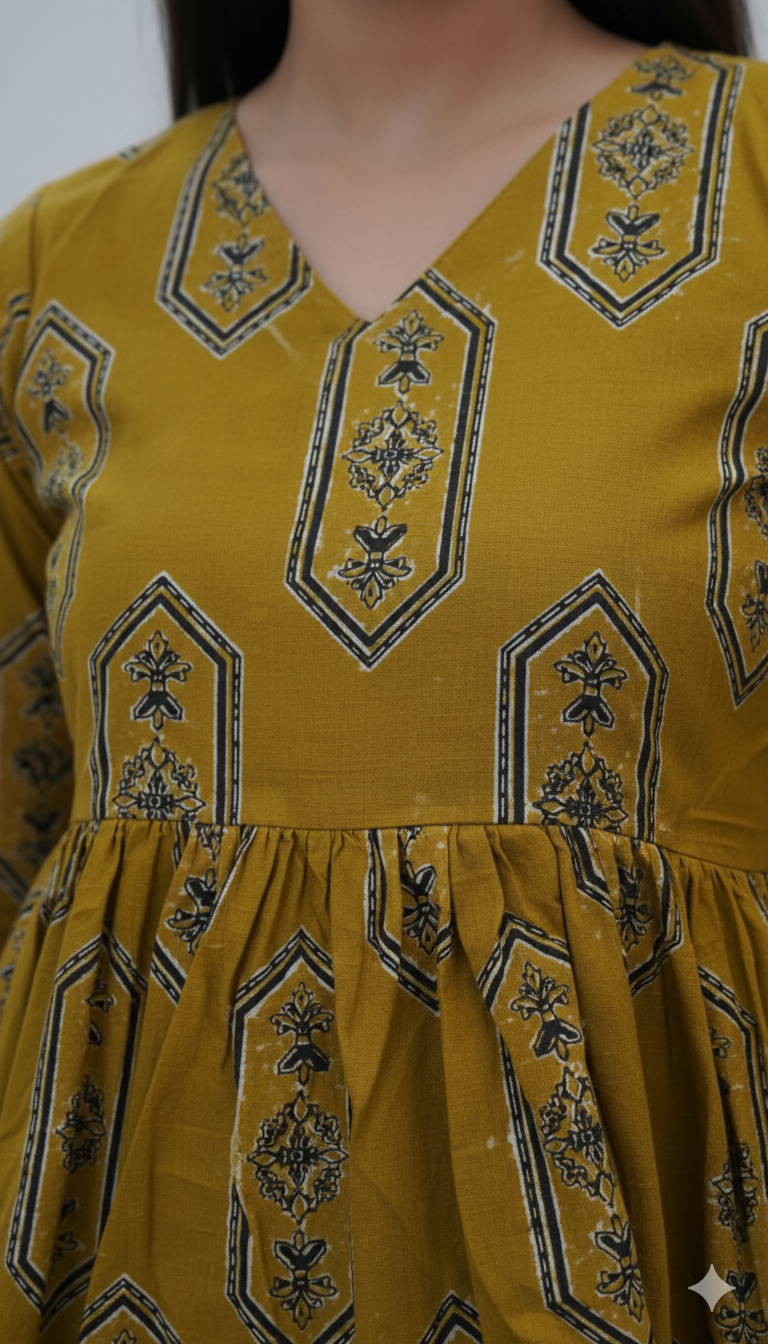 Mustard Yellow Block Print Peplum Kurta