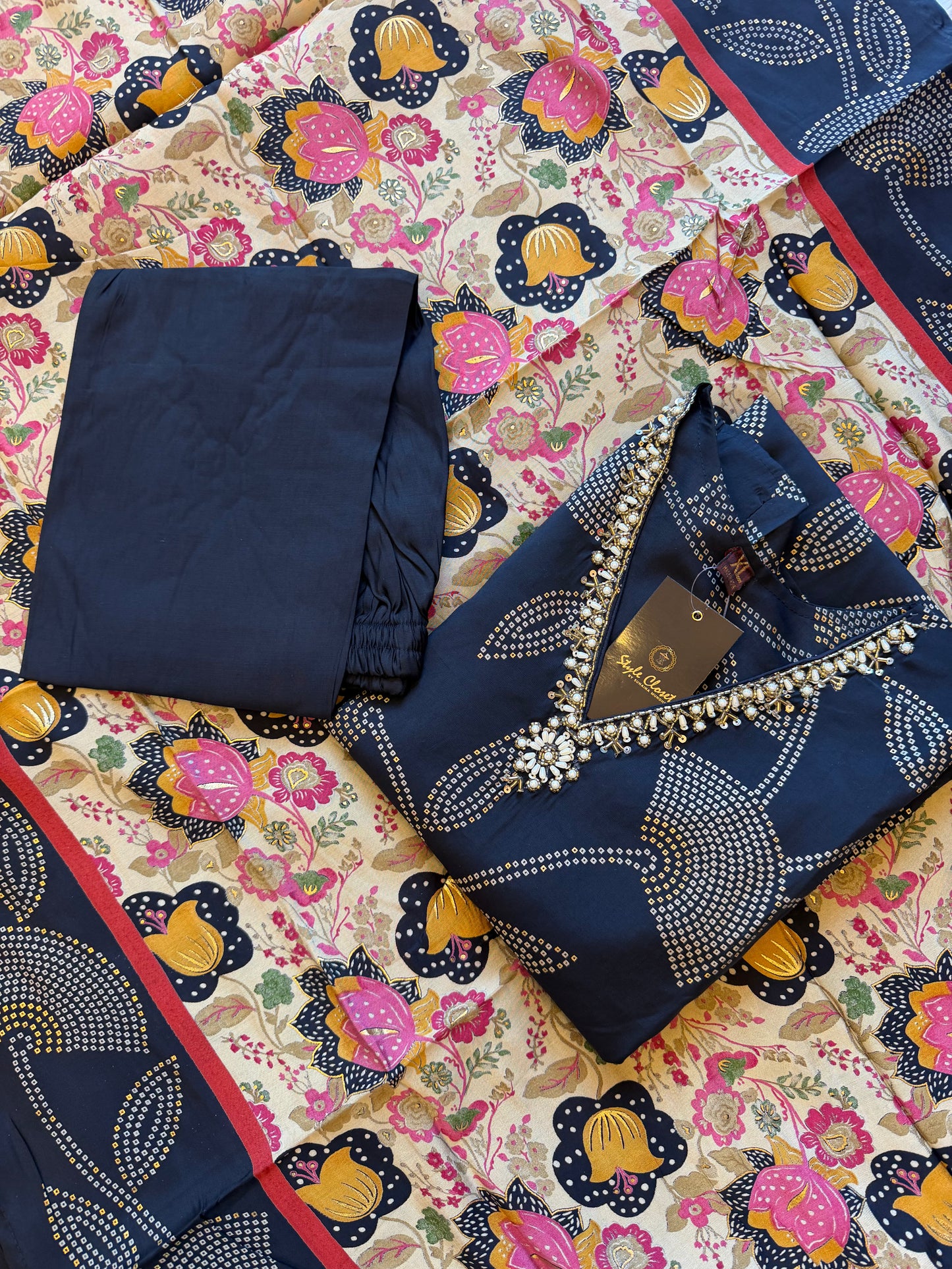 Bandhani Print Kurta Set with Floral Handloom Dupatta