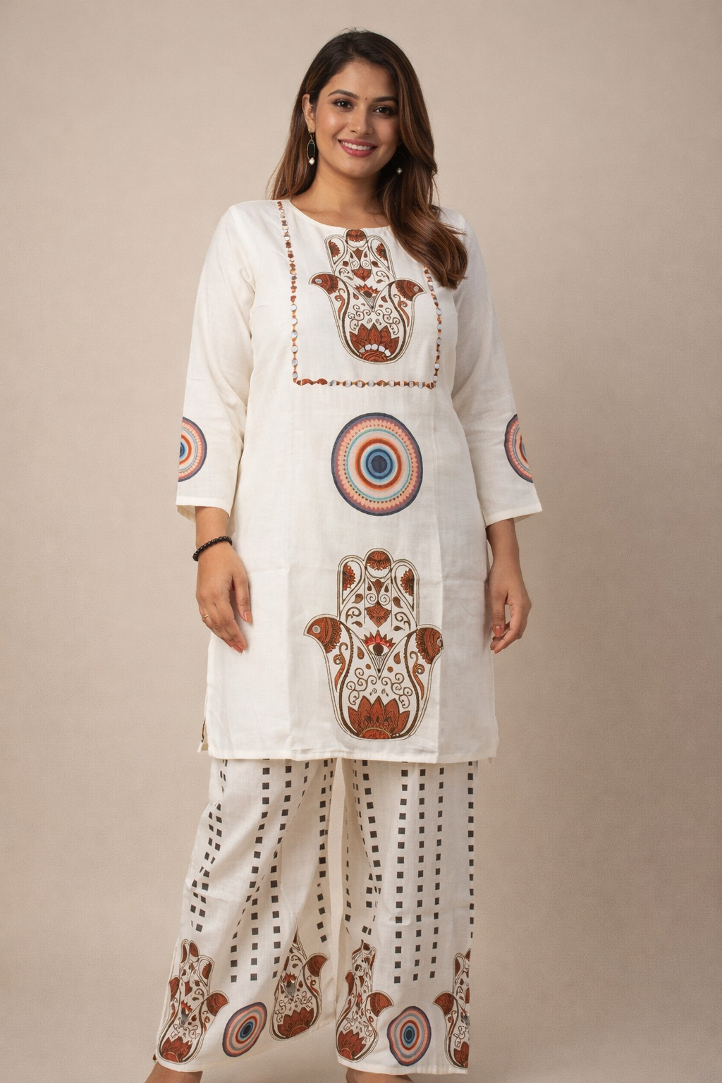 White Evil Eye & Hamsa Motif Cotton Kurta Pant Set