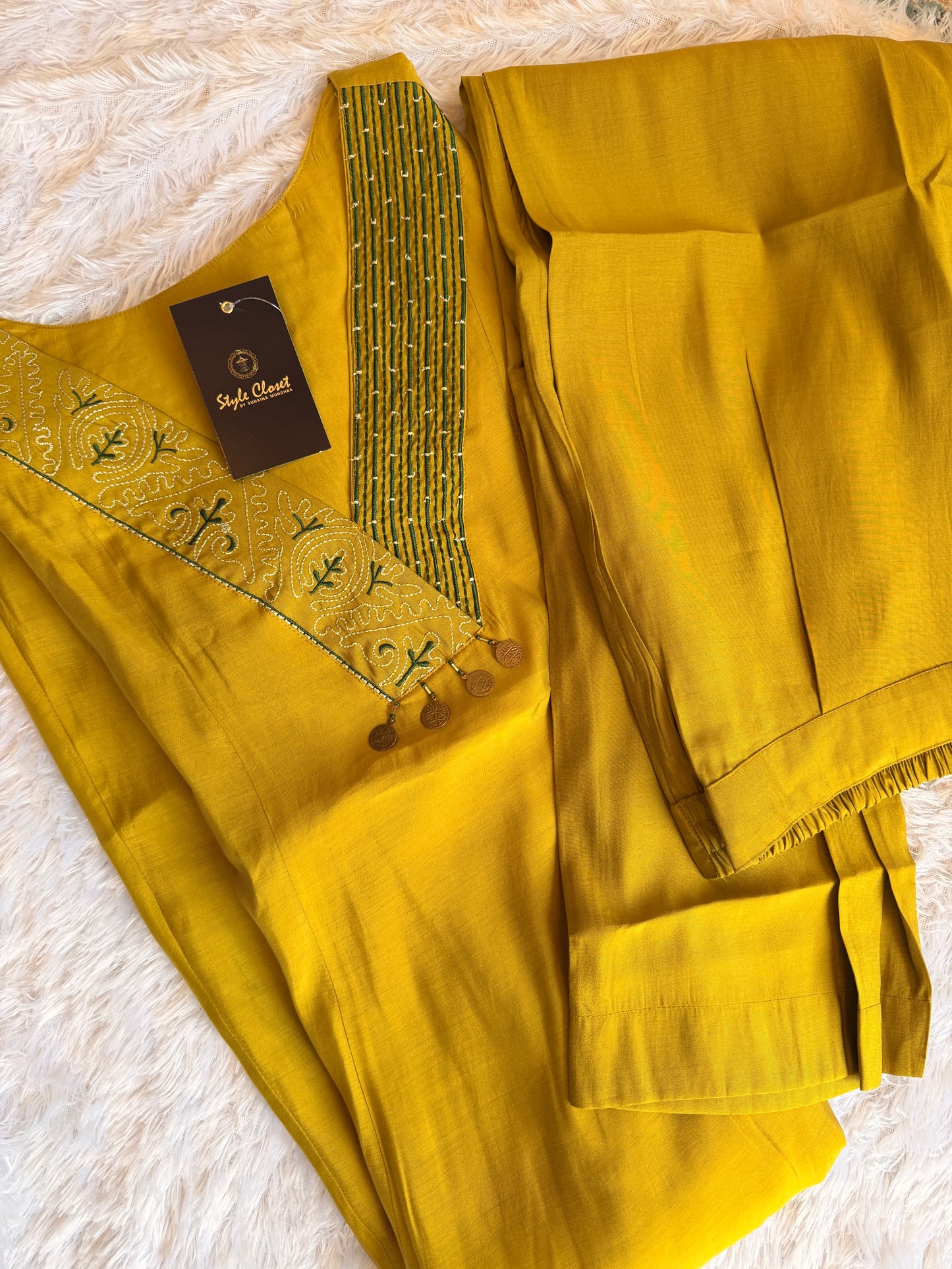 Olive Mustard Asymmetrical Neck A-Line Kurti Set