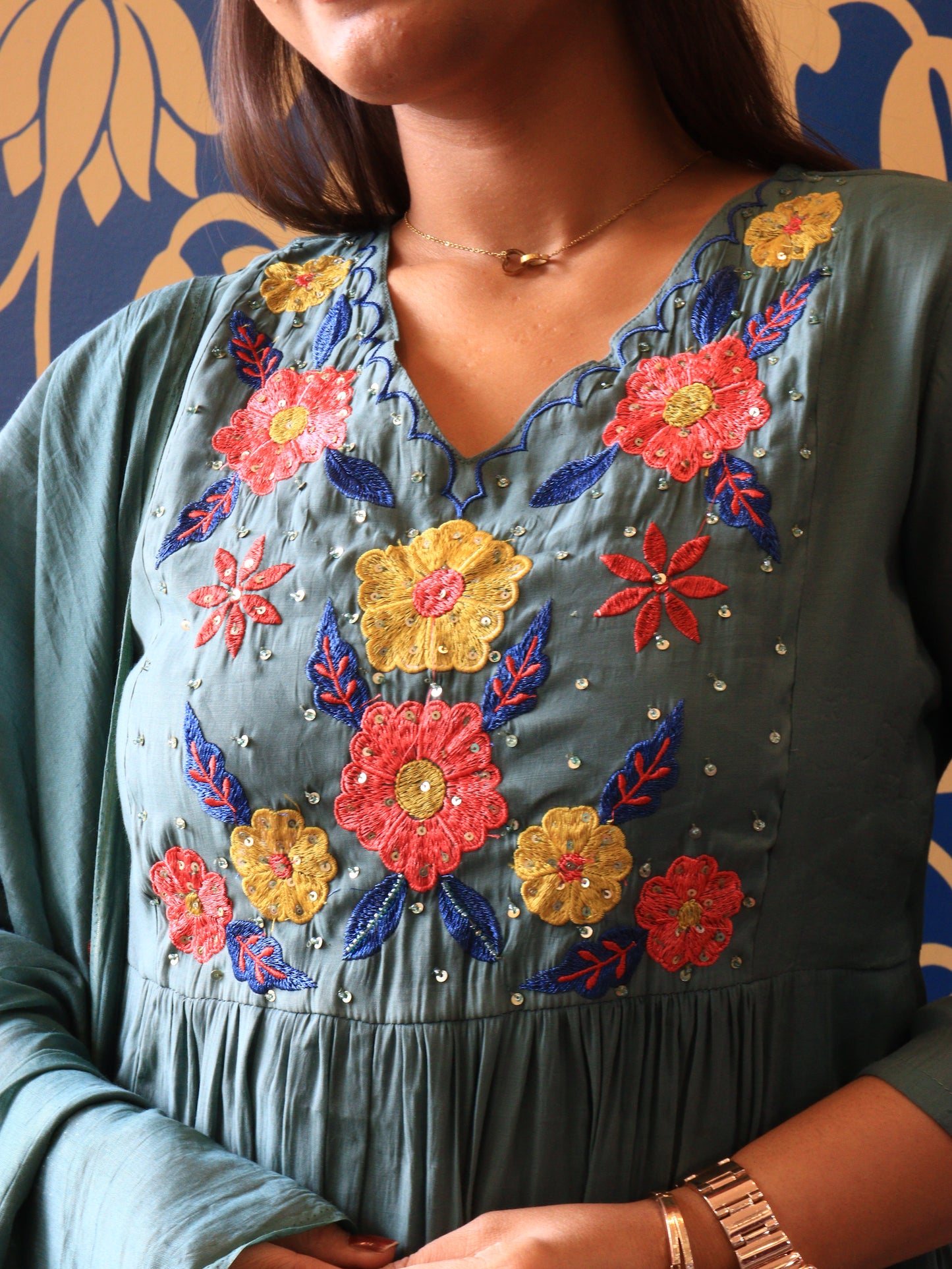 Dusty Teal Floral Handwork Kurta Set