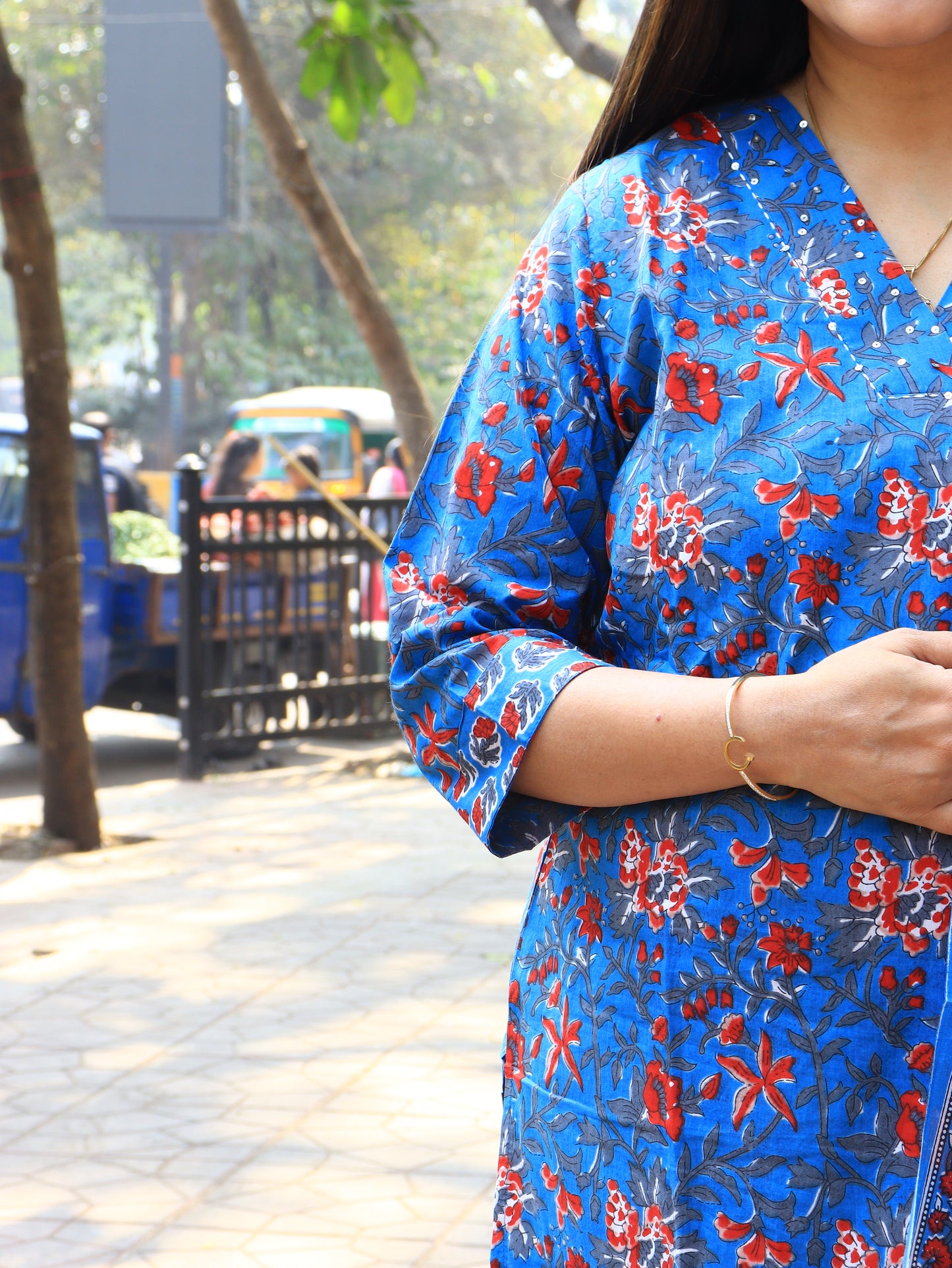 Blue Floral Handblock Printed Cotton Kurta Set with Dupatta