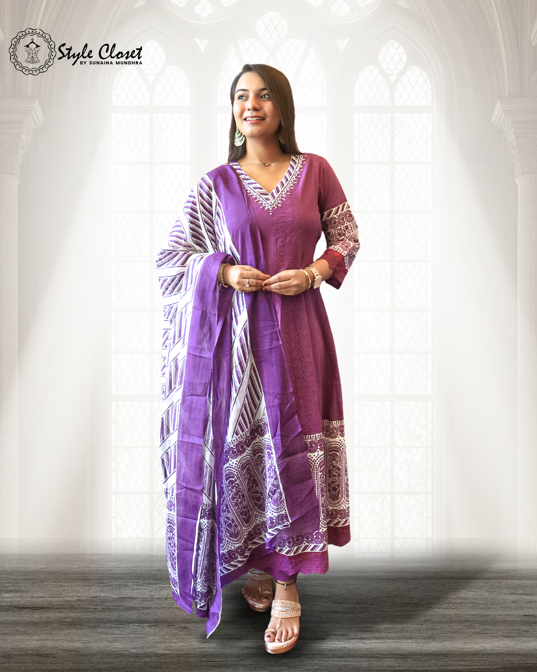 Amara Purple Chikankari Cotton Anarkali Set