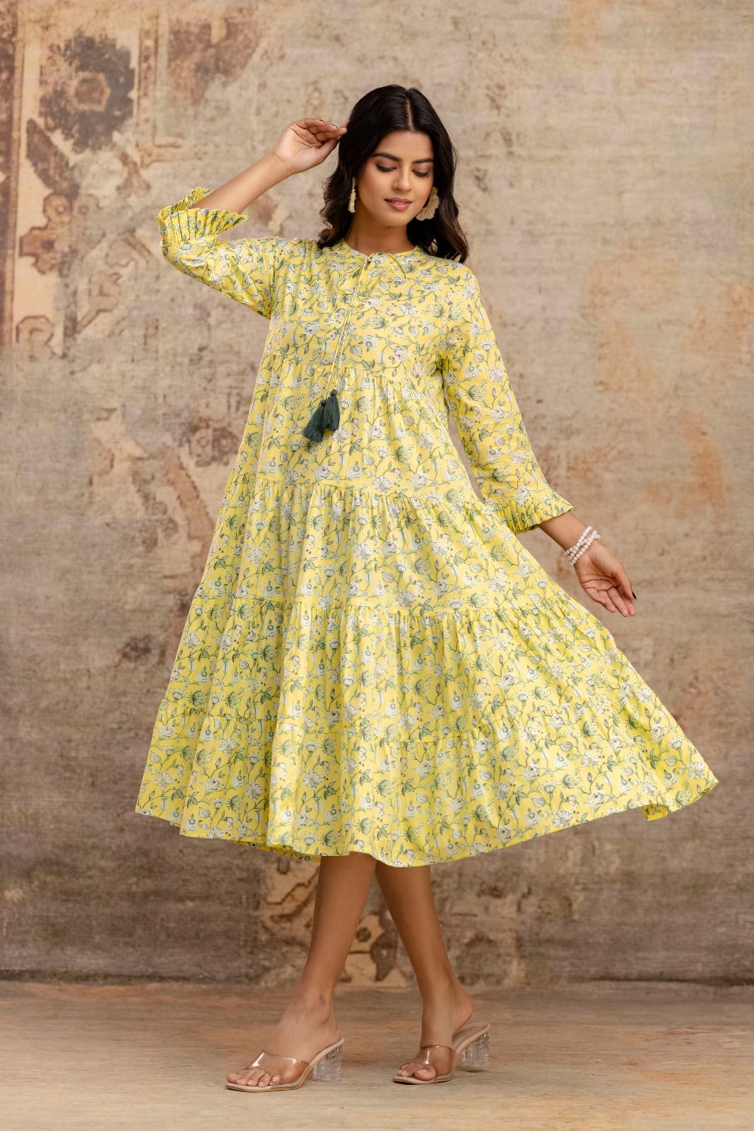 Sunshine Yellow Floral Tiered Dress