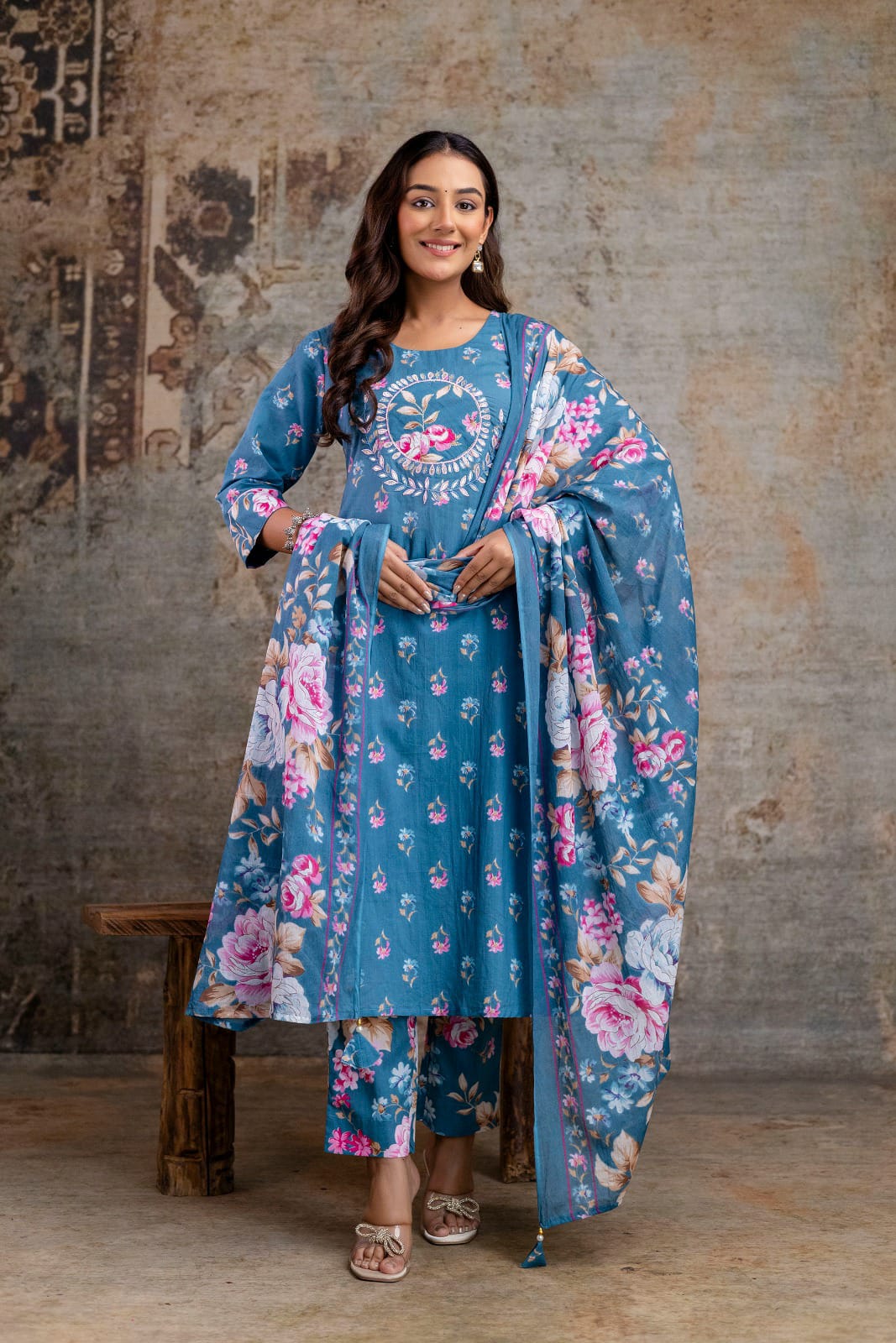 Blue Floral Printed Cotton Suit Set with Dupatta