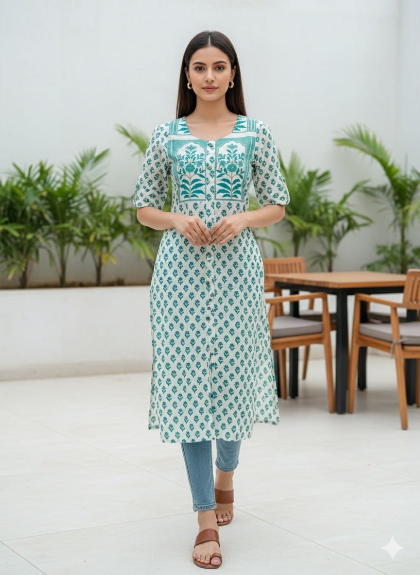 Aqua Block Print Straight Kurta
