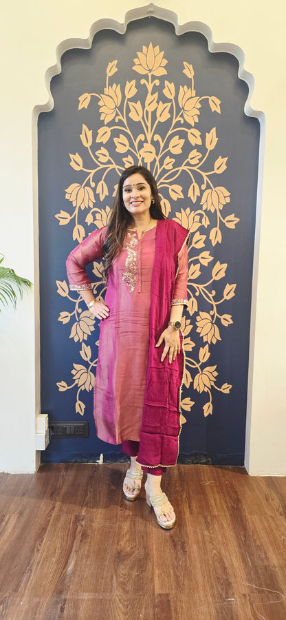 Rosewood Silk Embroidered Suit Set