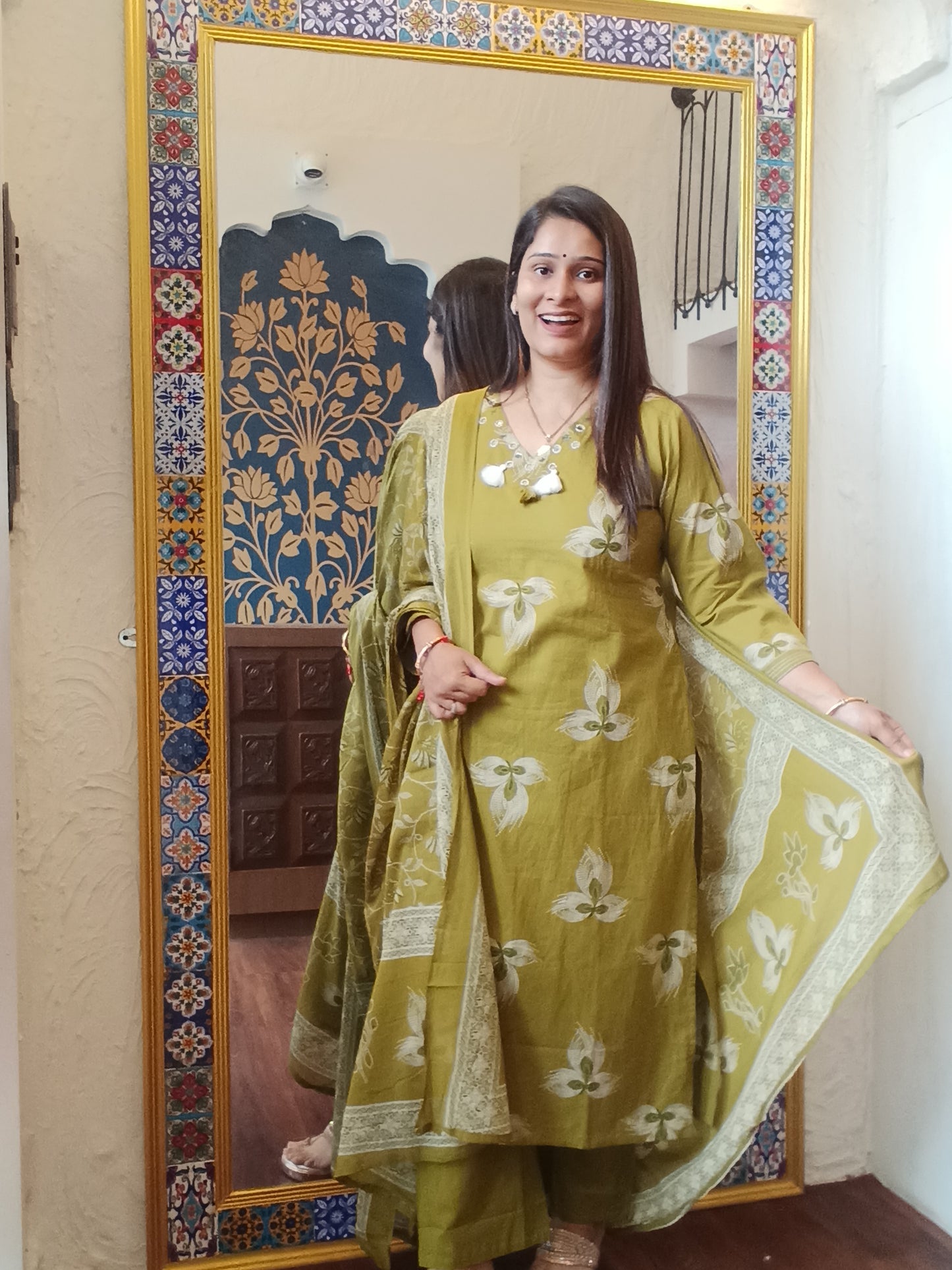 Olive Green Floral Handblock Suit Set