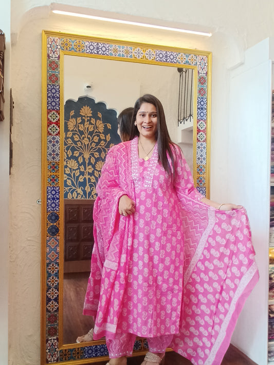 Pink Floral Handblock Print Cotton Suit Set