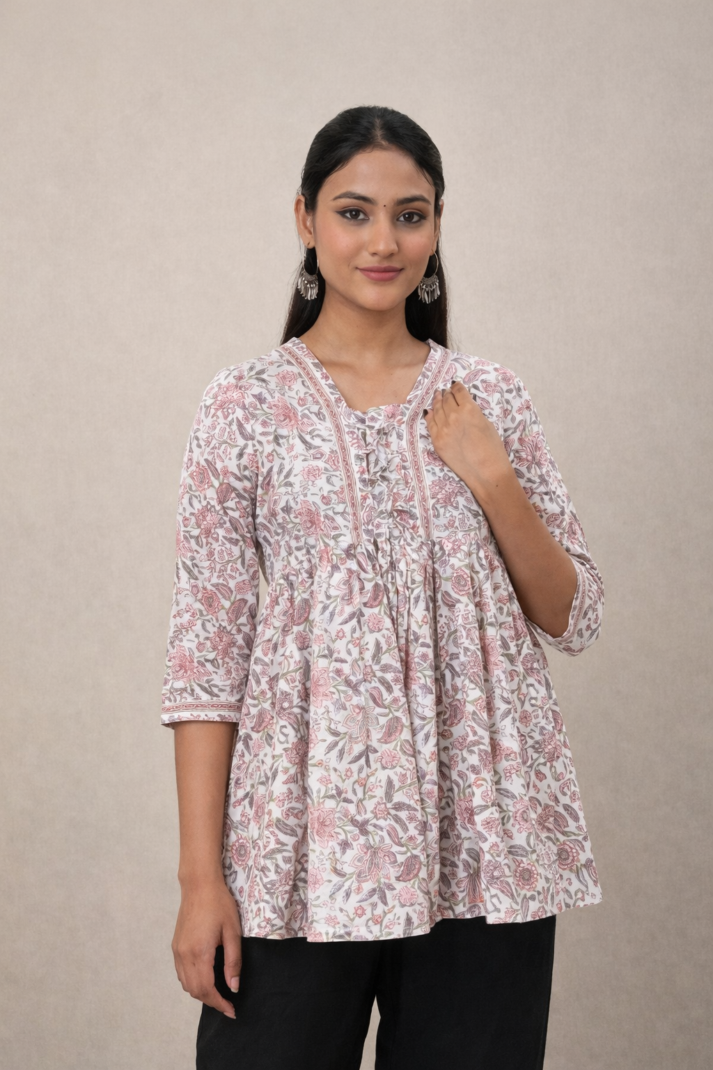Blush Floral Handblock Short Kurta
