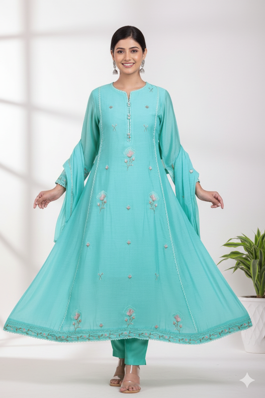 Turquoise Embroidered Mul Anarkali Suit Set"