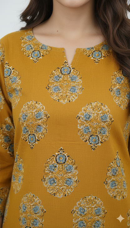 Mustard Gold Floral Block-Print Cotton Short Kurta
