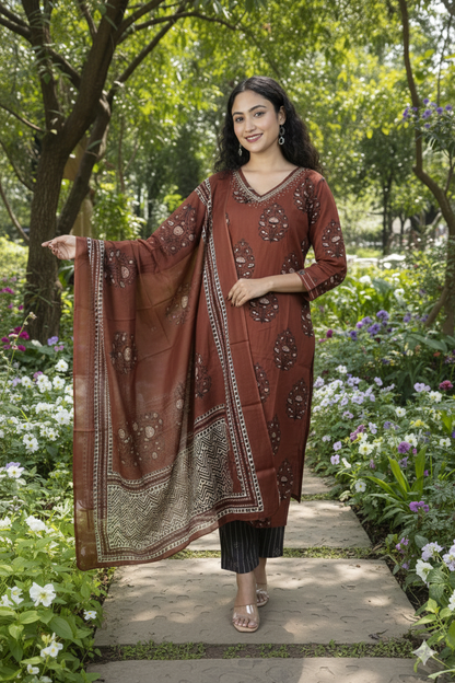 Hand-Block Floral Printed Cotton Suit Set