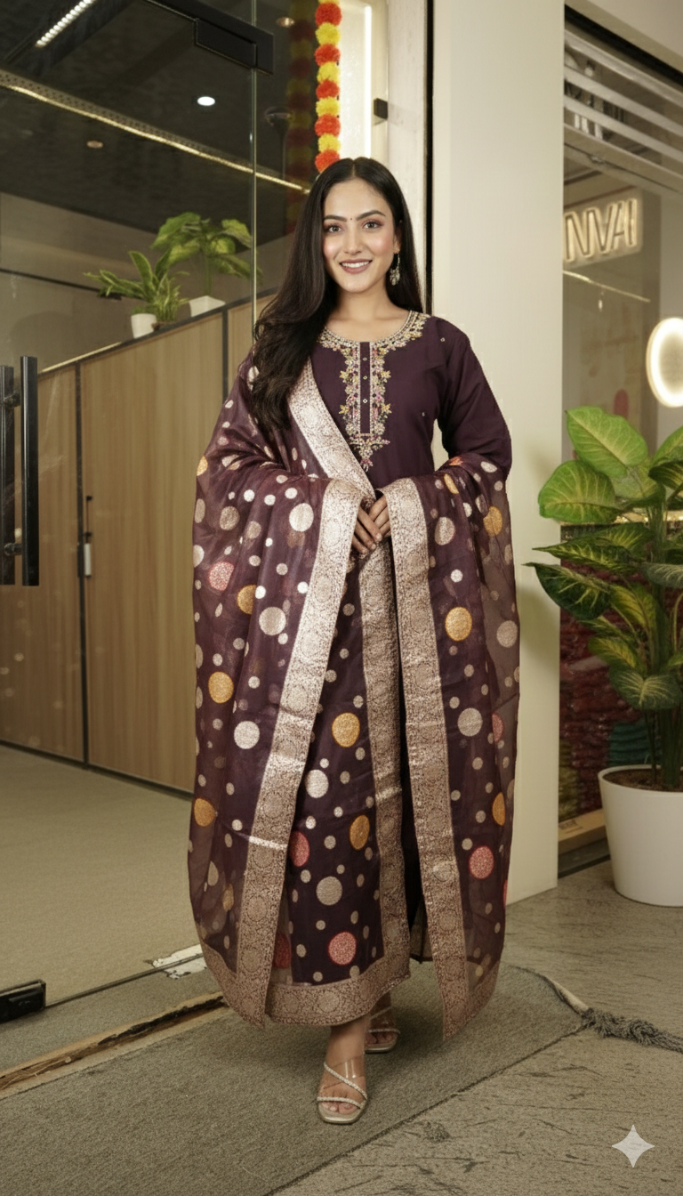 Plum Purple Embroidered Kurta Set with Banarasi Dupatta