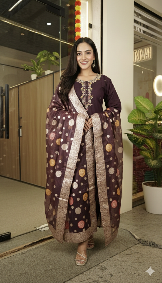 Plum Purple Embroidered Kurta Set with Banarasi Dupatta