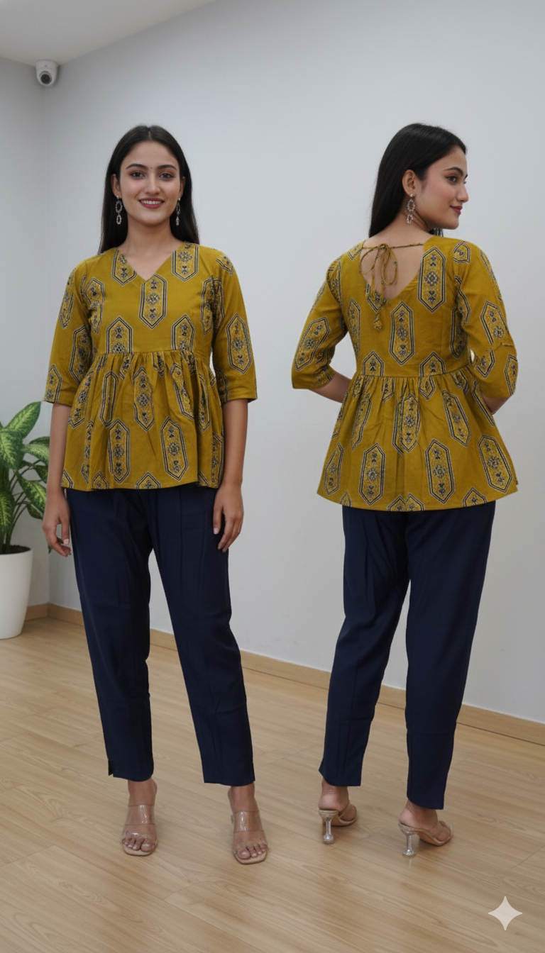 Mustard Yellow Block Print Peplum Kurta