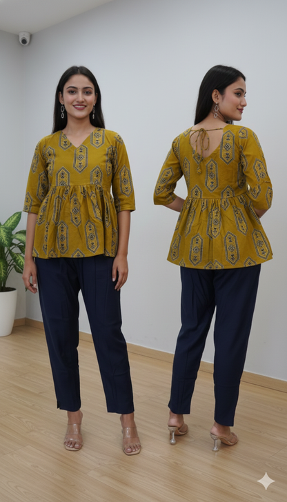 Mustard Yellow Block Print Peplum Kurta