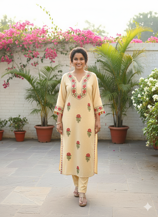 Cream Crape Silk Kurta Set with Printed Floral Bootas