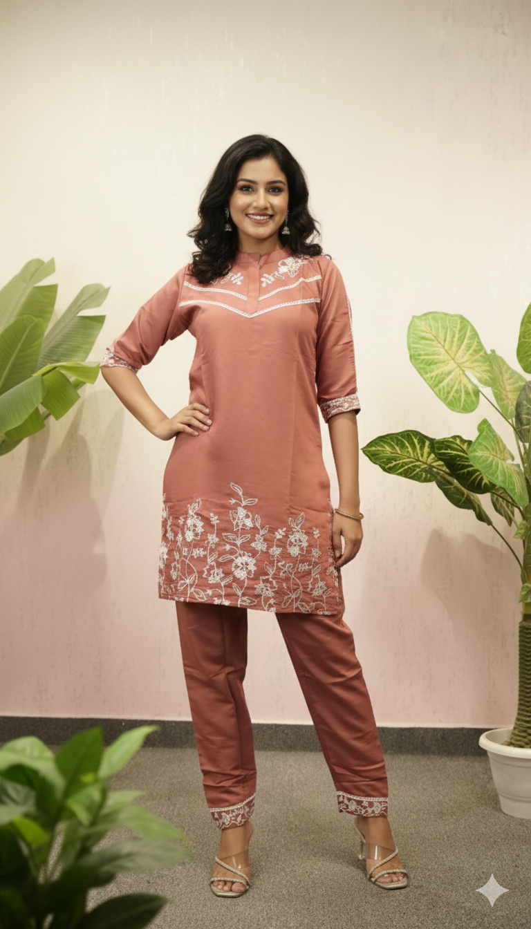 Dusty Rose Floral Embroidered Tunic & Trouser Co-ord Set