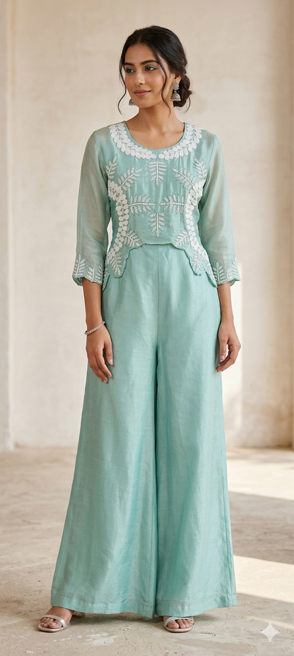 Seafoam Sage Embroidered Sharara-style Co-ord Set
