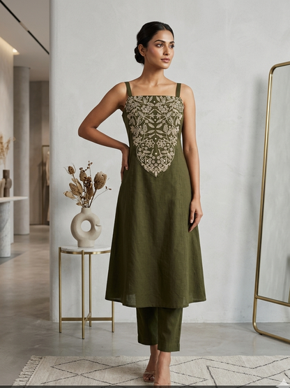 Olive Embroidered A-Line Co-ord Set with Square Neckline