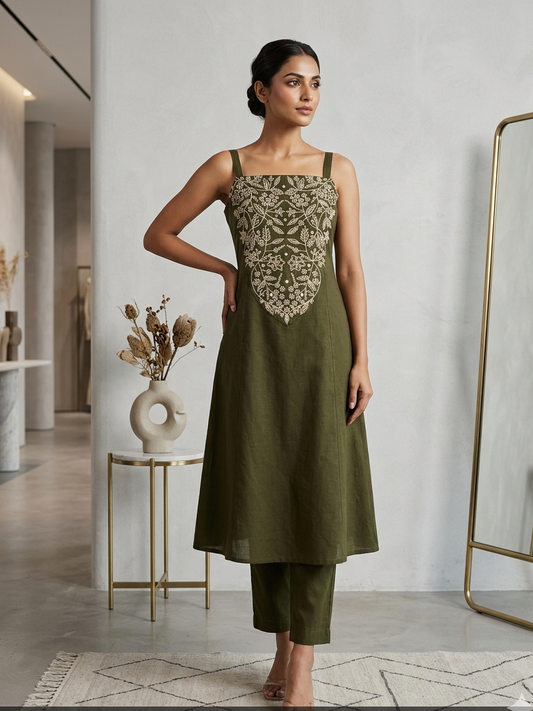 Olive Embroidered A-Line Co-ord Set with Square Neckline