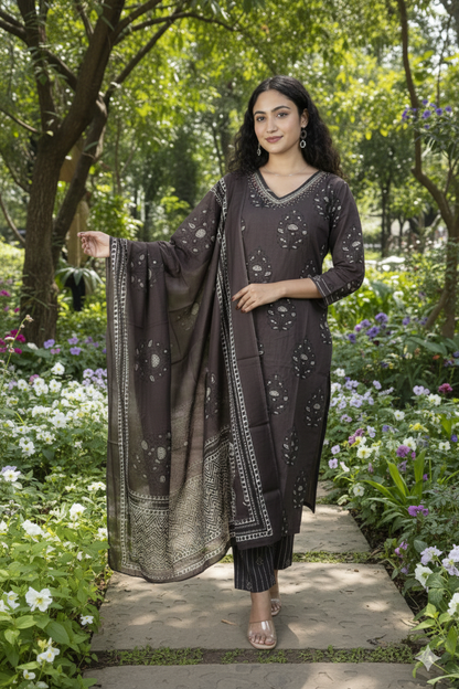 Hand-Block Floral Printed Cotton Suit Set