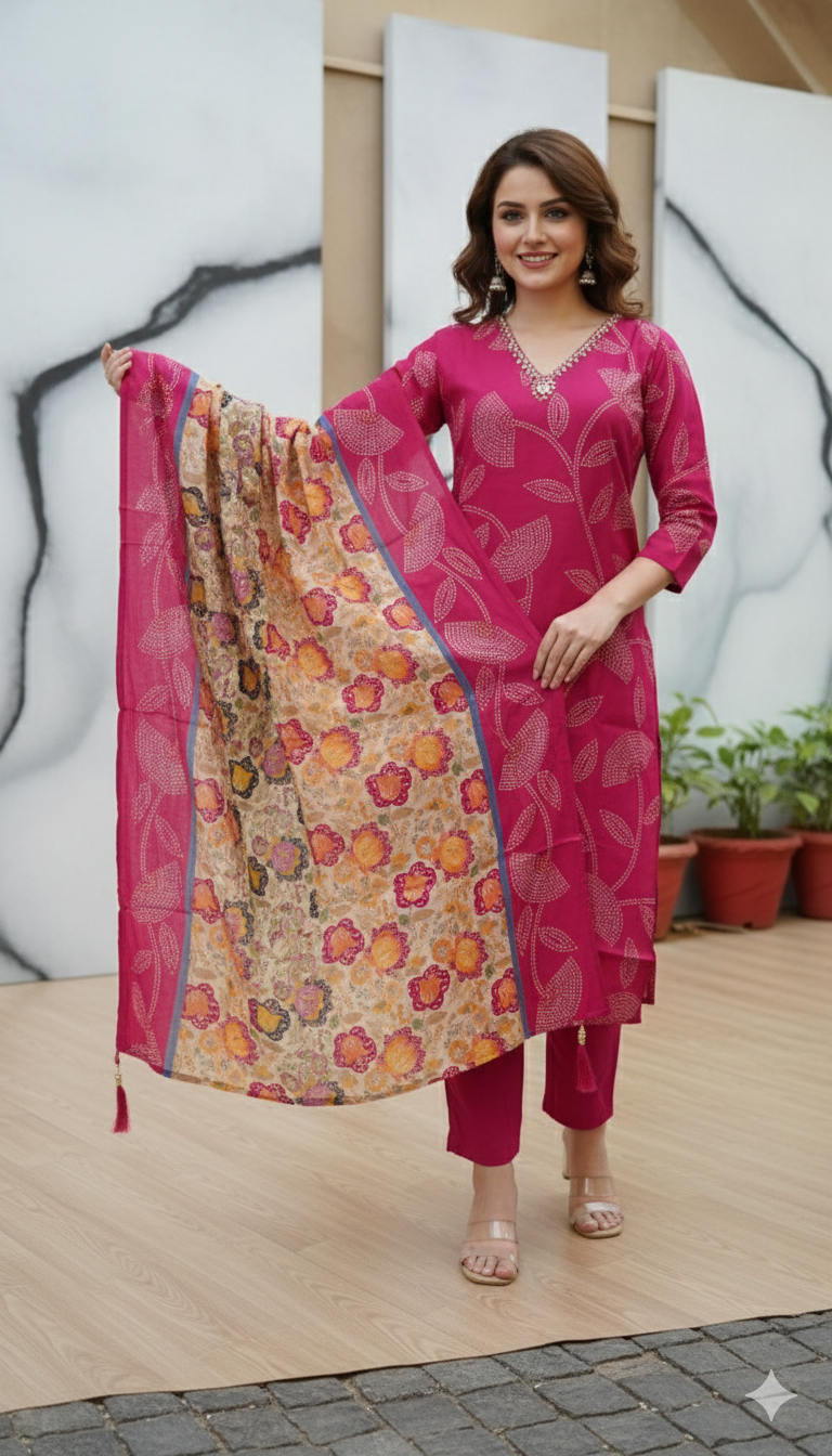 Bandhani Print Kurta Set with Floral Handloom Dupatta