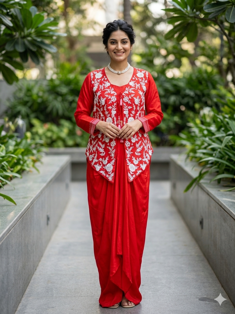 Ethereal Crimson Dhoti-Style Indo-western Set