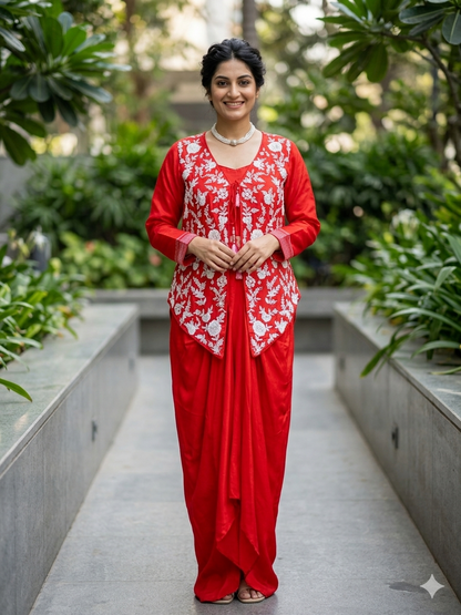 Ethereal Crimson Dhoti-Style Indo-western Set