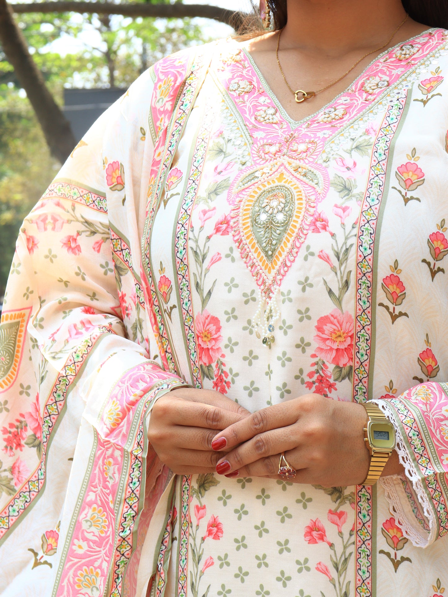Hand-Embellished Muslin Kurta with Matching Dupatta and Trousers