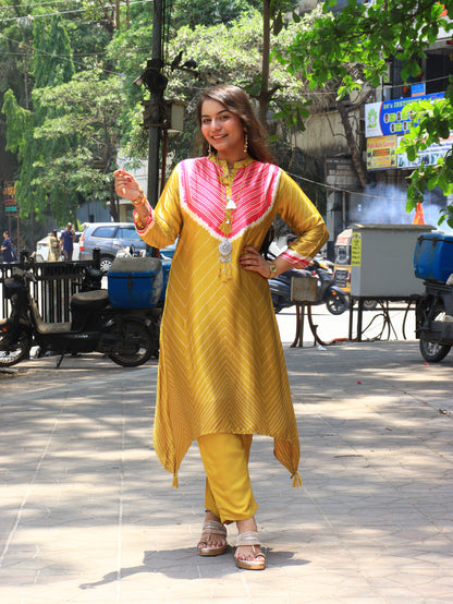 Mustard Silk Bandhani Print Asymmetric Co-ord Set