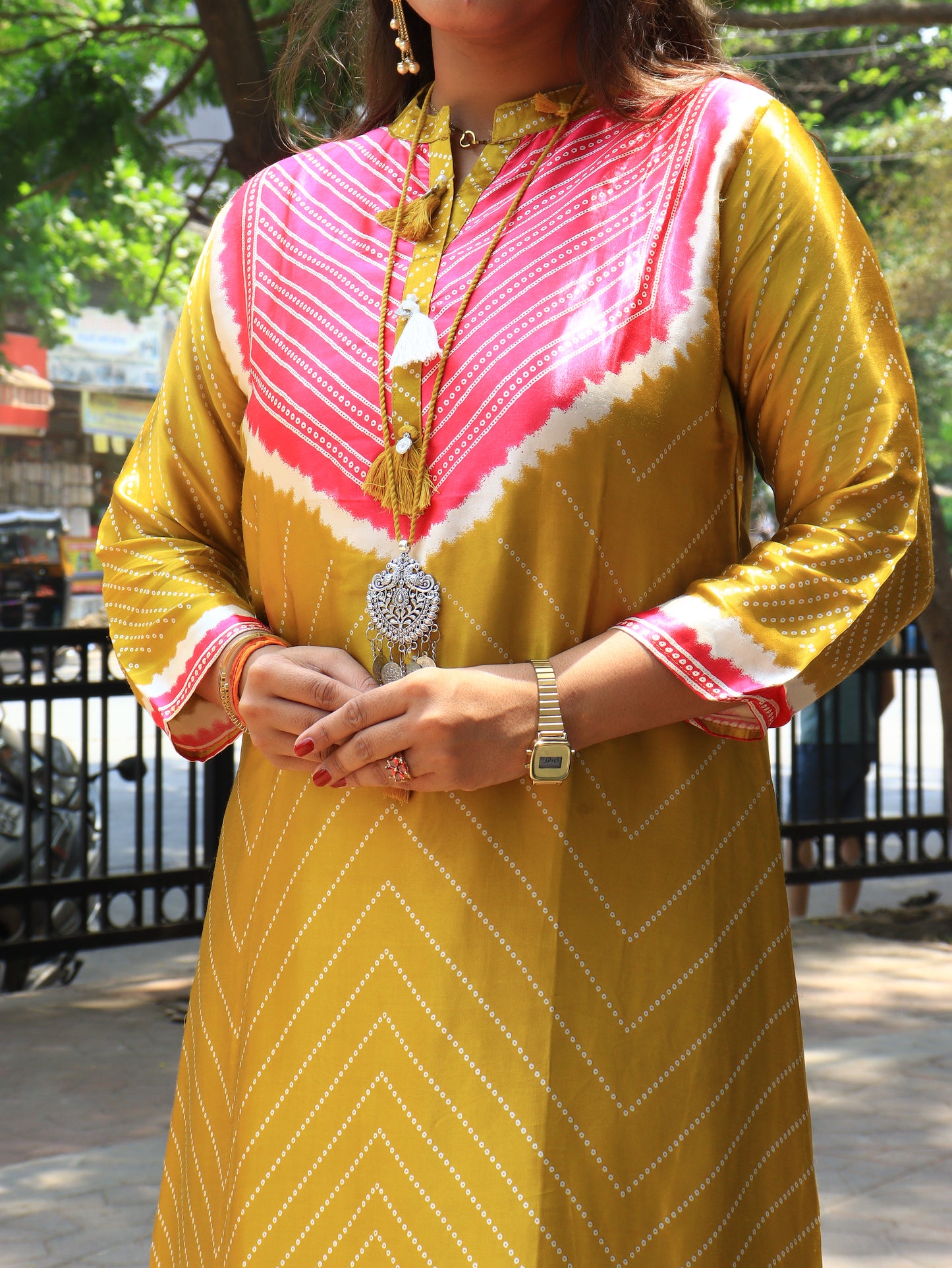 Mustard Silk Bandhani Print Asymmetric Co-ord Set
