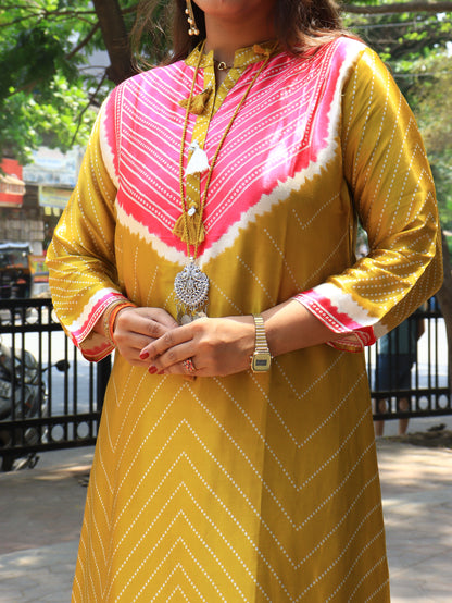 Mustard Silk Bandhani Print Asymmetric Co-ord Set