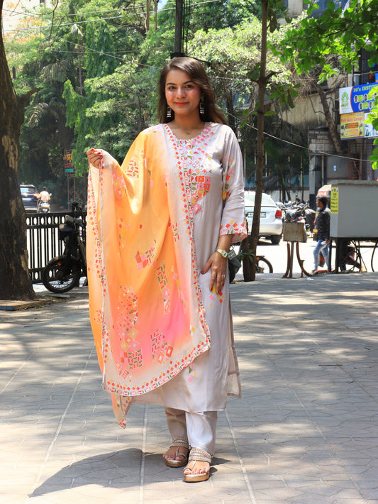 Prism Petals Grey Silk Suit Set