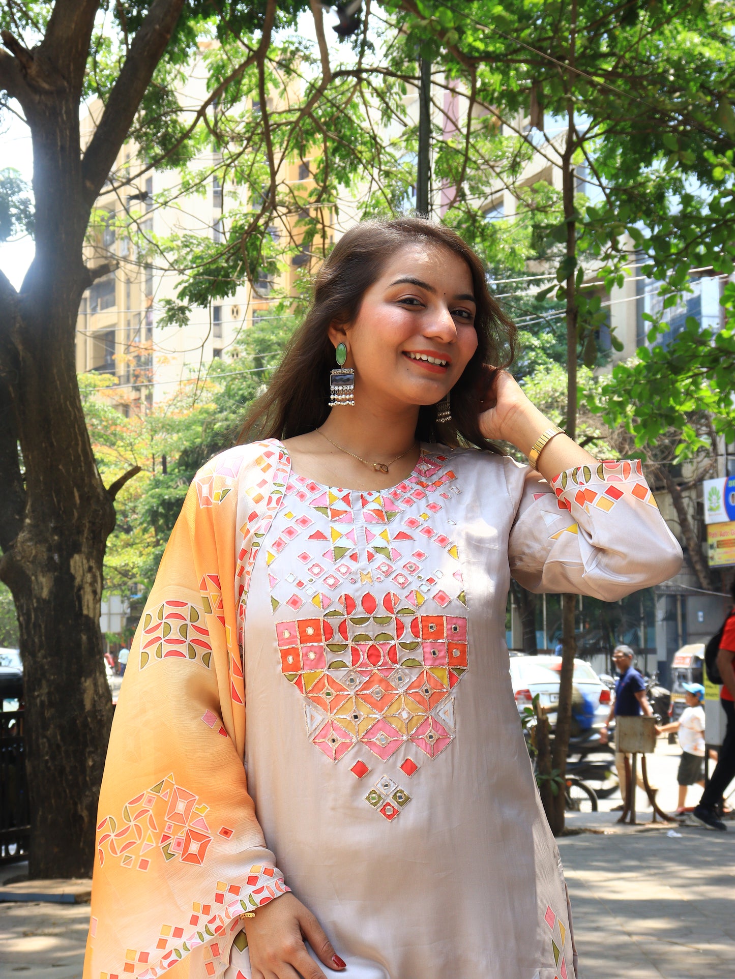 Prism Petals Grey Silk Suit Set