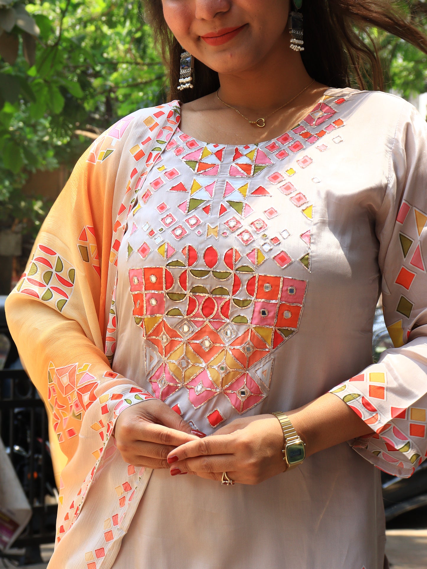 Prism Petals Grey Silk Suit Set