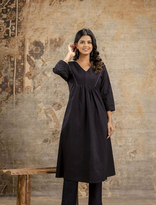 Classic Black Cotton Pintuck Kurta