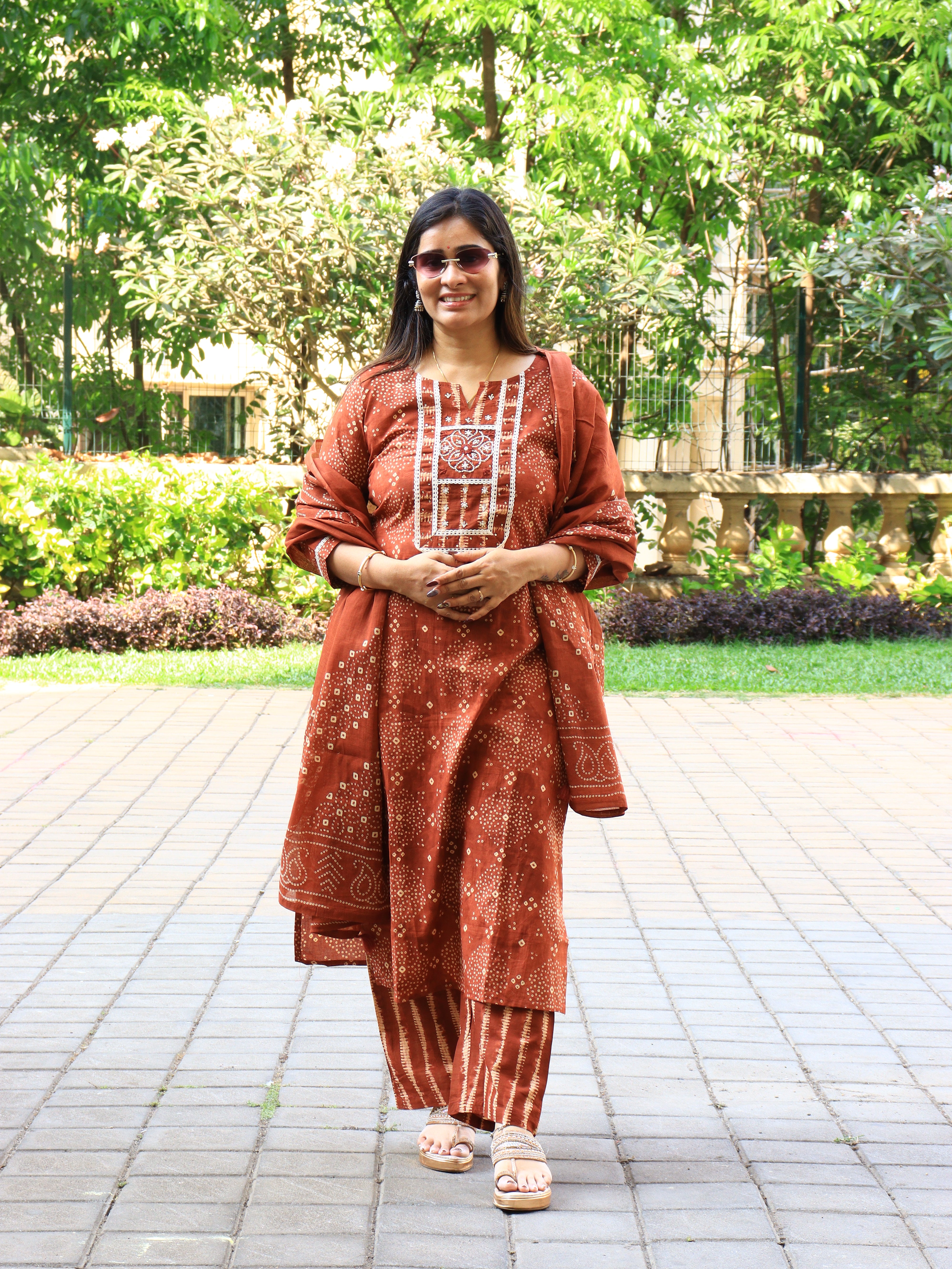 Rust & Olive Handblock Kurta Pant Dupatta Set