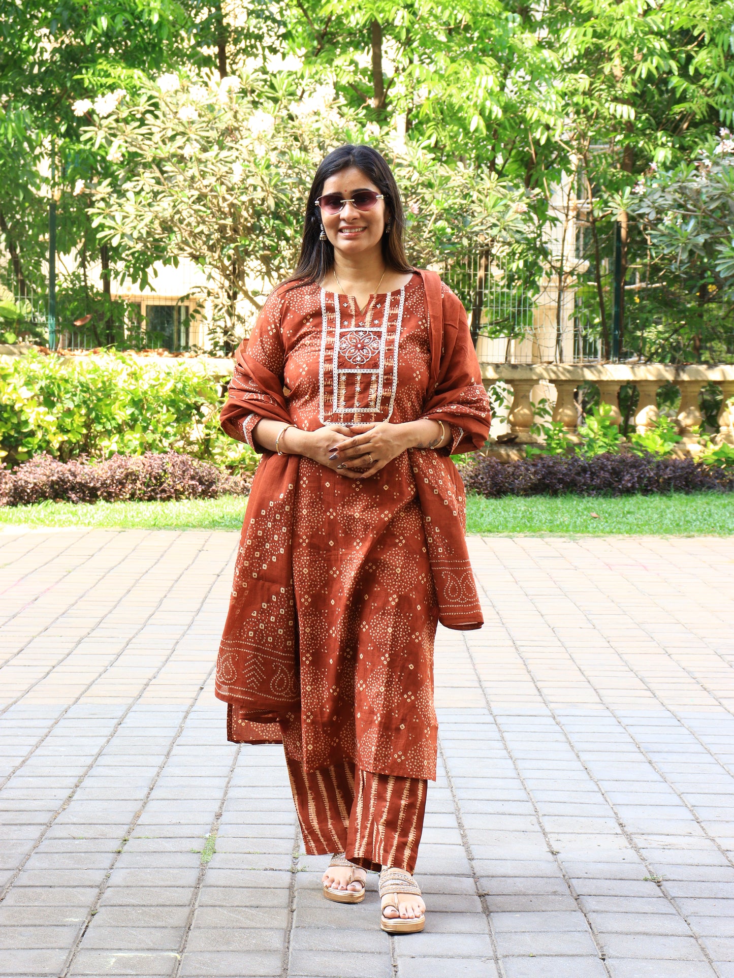 Rust & Olive Handblock Kurta Pant Dupatta Set