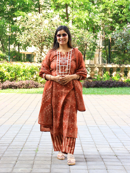 Rust & Olive Handblock Kurta Pant Dupatta Set