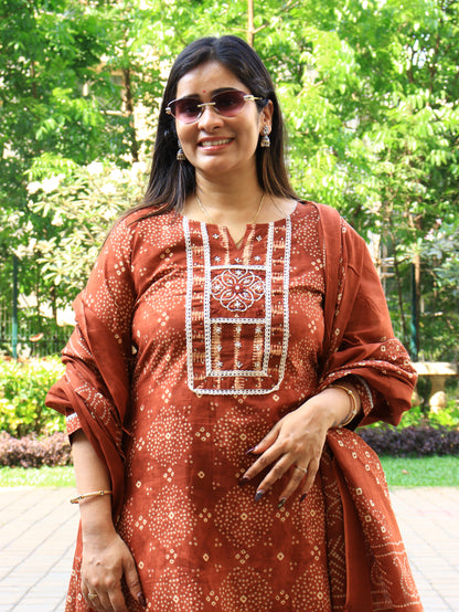 Rust & Olive Handblock Kurta Pant Dupatta Set
