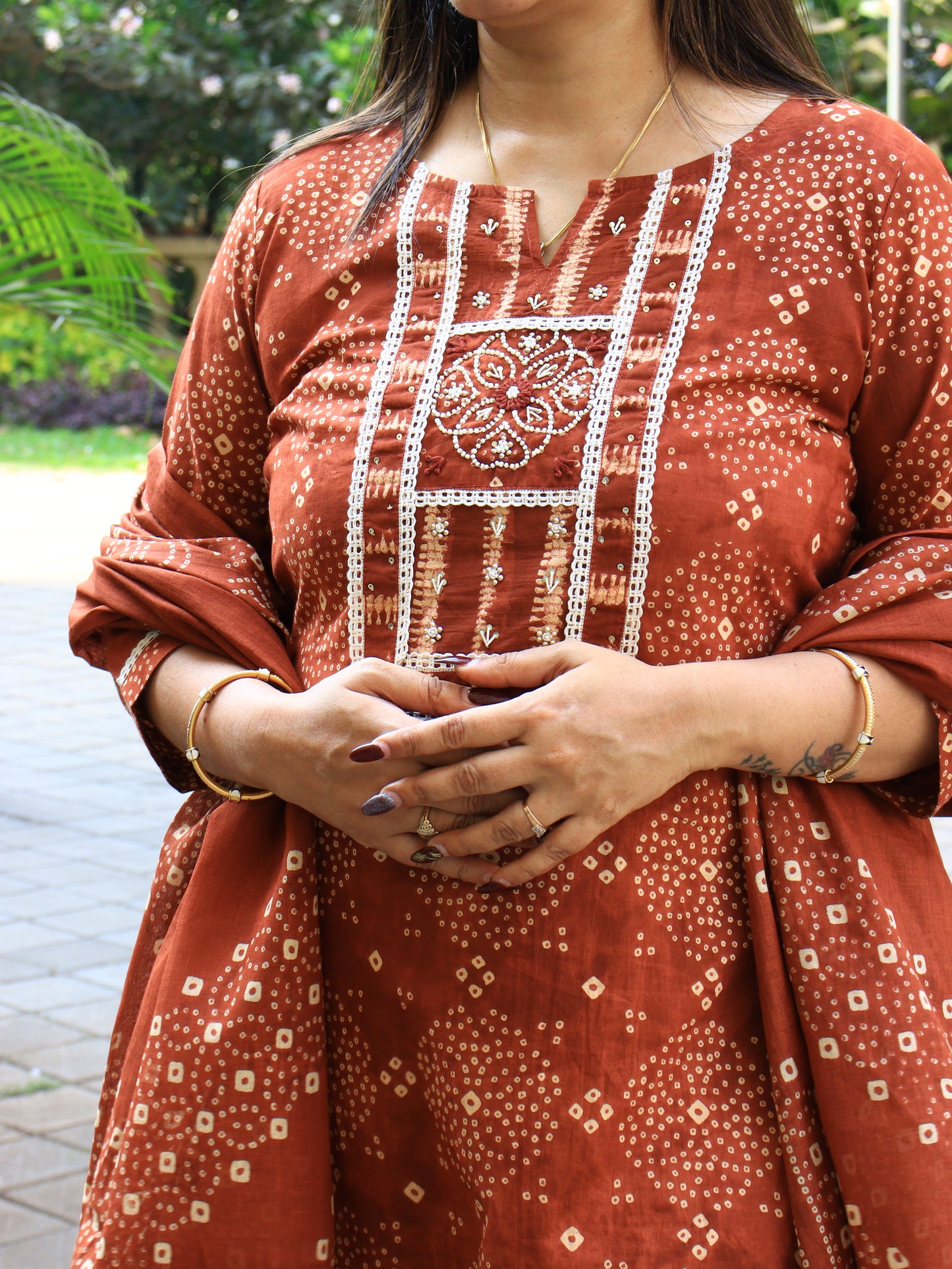 Rust & Olive Handblock Kurta Pant Dupatta Set