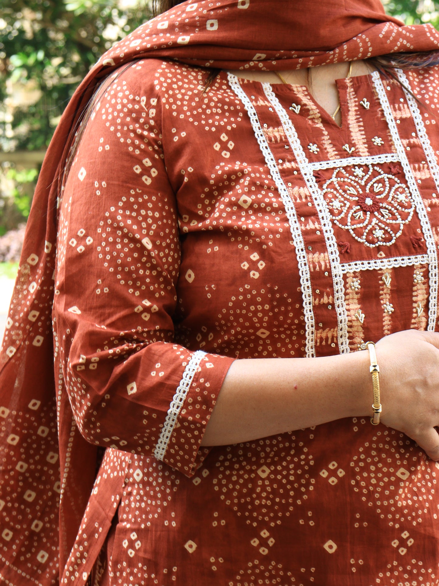 Rust & Olive Handblock Kurta Pant Dupatta Set