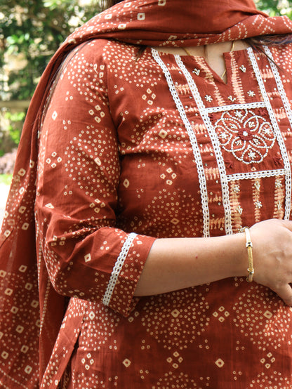 Rust & Olive Handblock Kurta Pant Dupatta Set