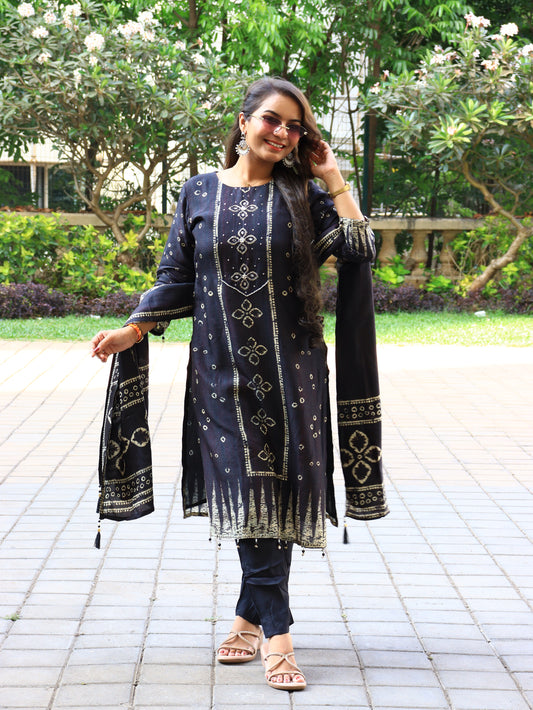 Carbon Black Bandhani Fusion Kurta Set