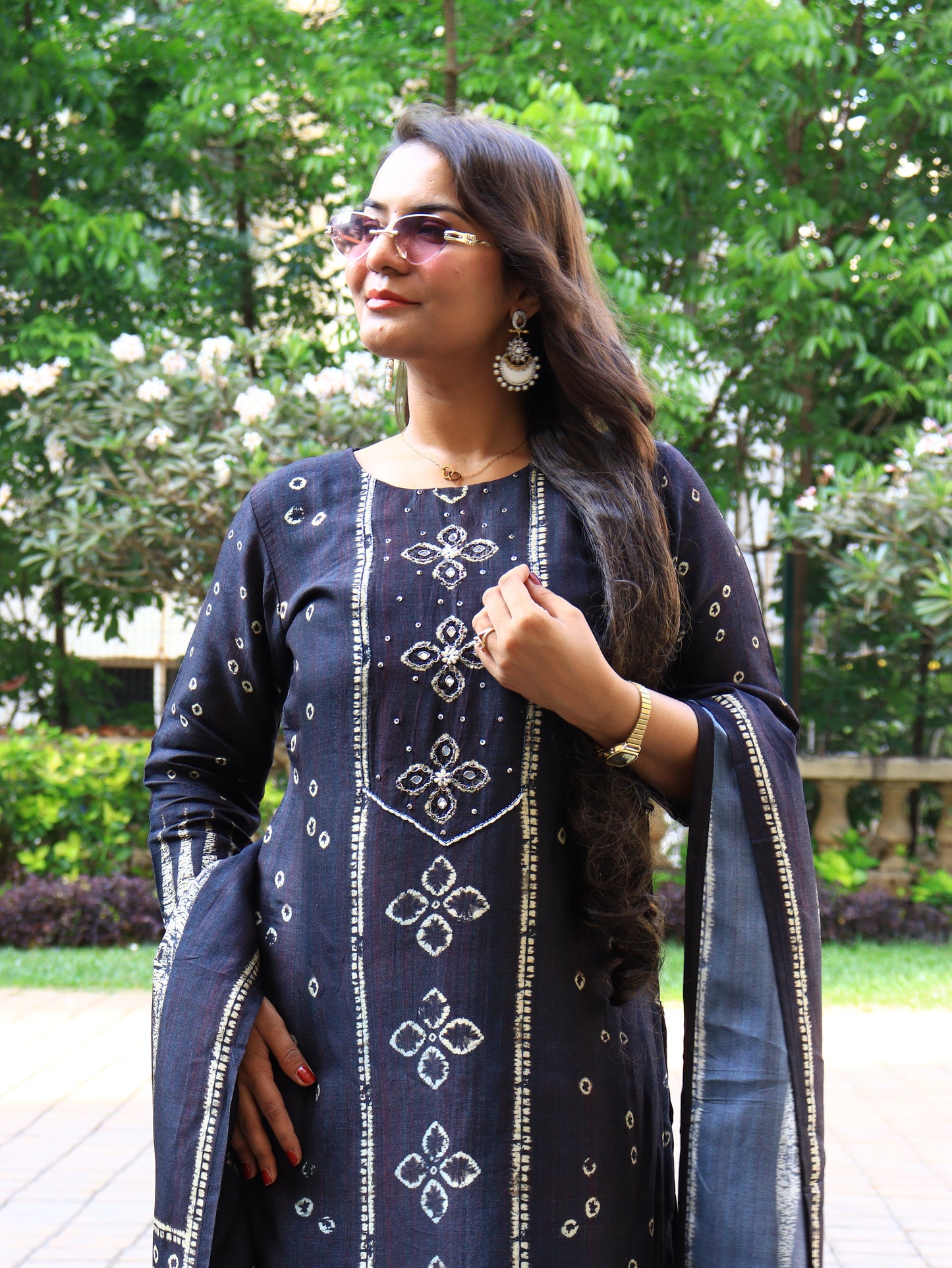 Carbon Black Bandhani Fusion Kurta Set