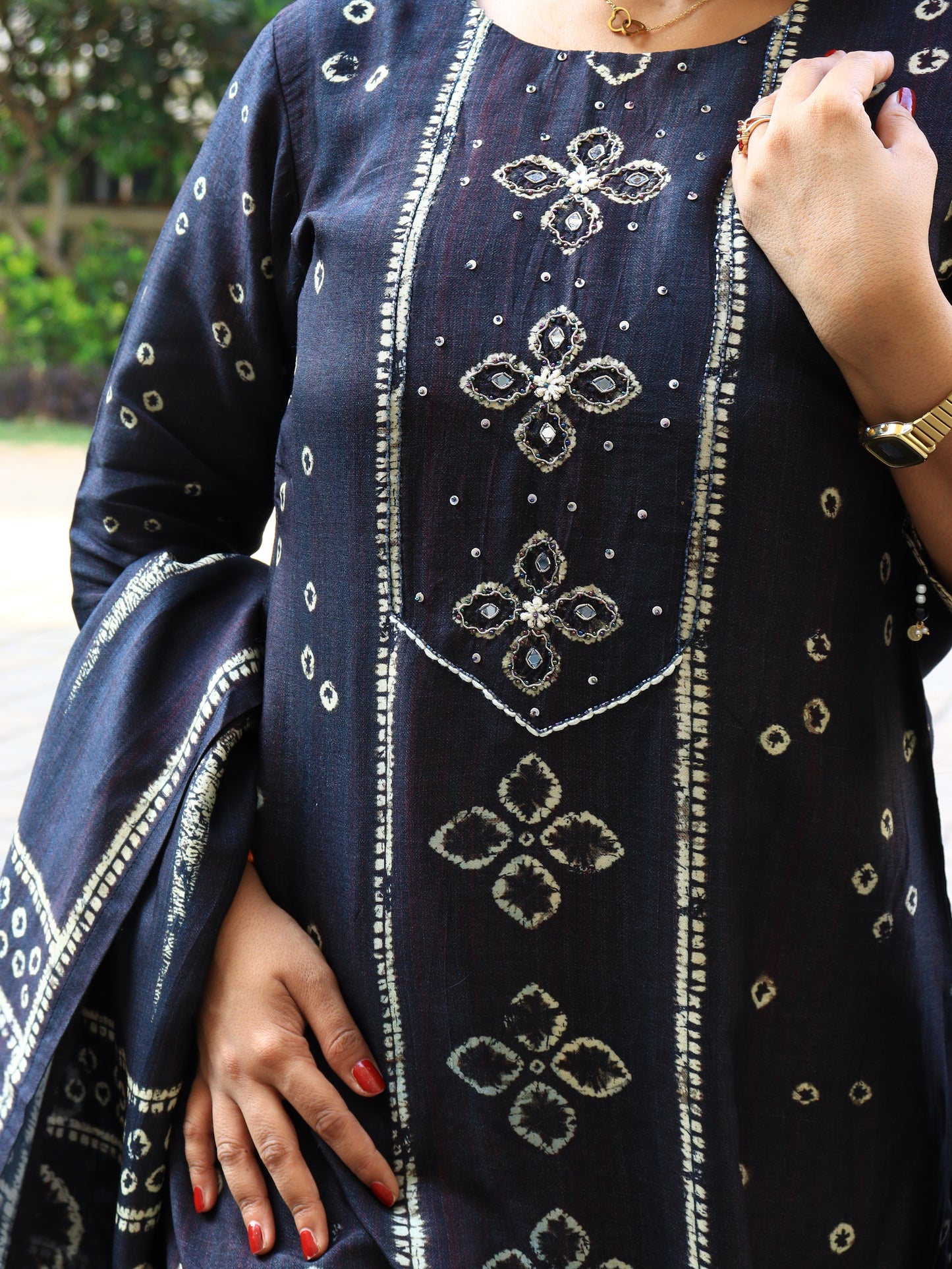 Carbon Black Bandhani Fusion Kurta Set