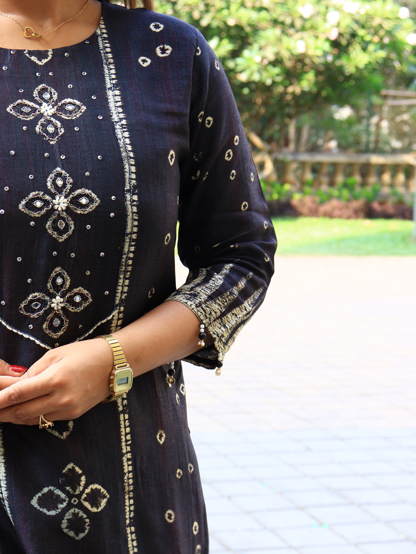 Carbon Black Bandhani Fusion Kurta Set